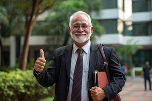 ai gerado Índia homem de negocios com pasta polegares acima dentro frente do escritório prédio, contratação imagem para trabalho postagens foto