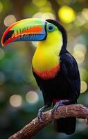 ai gerado uma colorida vibrante tucano sentado em uma filial, colorida tropical pássaros imagem foto