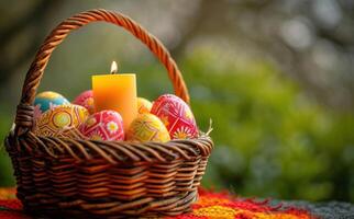 ai gerado colorida ovos preencher uma cesta com uma vela criando uma vibrante e festivo cena, Páscoa velas conceito foto