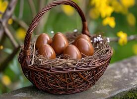 ai gerado uma cesta preenchidas com chocolate ovos, Páscoa chocolates imagem foto