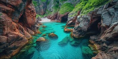 ai gerado rochoso área de deslumbrante azul água, natureza e água foto