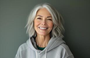 ai gerado lindo Senior mulher sorrisos dentro uma cinzento capuz, Mais recentes moda tendências imagem foto