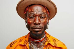 ai gerado retrato do a africano homem com tatuagens em dele face dentro laranja roupas e óculos em uma branco fundo foto
