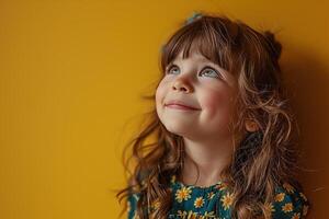 ai gerado feliz adorável pequeno menina com encaracolado cabelo olhando longe em amarelo fundo, fechar-se sorridente face foto