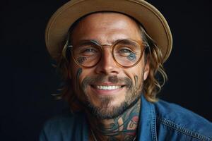 ai gerado elegante retrato do uma jovem homem com tatuagens em uma Preto fundo foto