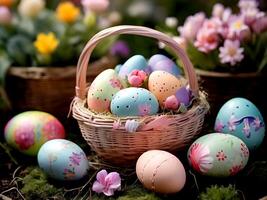 ai gerado Páscoa ovos dentro cesta com flores dentro Primavera Tempo foto