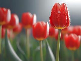 ai gerado vermelho tulipas com água gotas em eles estão mostrando foto