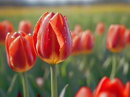 ai gerado vermelho tulipas dentro uma campo com água gotas em eles foto