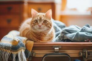 ai gerado fofa gato sentado dentro a aberto mala de viagem entre verão roupas. generativo ai foto