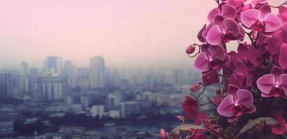 ai gerado flores em cidade Horizonte fundo foto