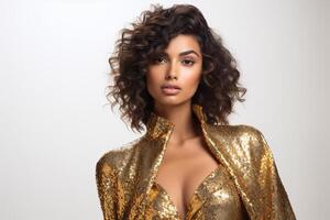 ai gerado sul ásia menina dentro dourado roupas foto