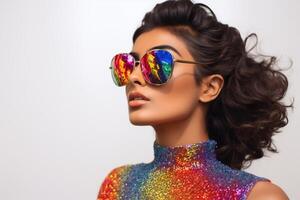 ai gerado fêmea modelo vestindo colorida roupas e oculos de sol foto