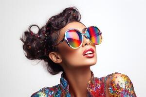 ai gerado fêmea modelo vestindo colorida roupas e oculos de sol foto