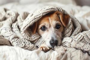 ai gerado cachorro debaixo xadrez. animal aquece debaixo uma cobertor dentro frio inverno clima. animais de estimação amigáveis e Cuidado conceito. generativo ai foto