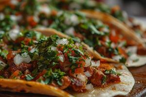 ai gerado caseiro tradicional mexicano carne de porco tacos. generativo ai foto