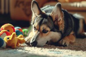 ai gerado cachorro às casa dentro a vivo quarto jogando com dele brinquedos. generativo ai foto