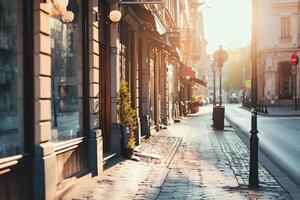 ai gerado cidade rua forrado com lojas. cenário do a compras distrito. generativo ai foto