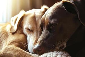 ai gerado dois cachorros aconchego junto. dois adorável filhotes dormindo juntos fechar acima. generativo ai foto