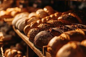 ai gerado diferente tipos do pão pães em padaria prateleiras. padeiro fazer compras com rústico pão sortimento. generativo ai foto