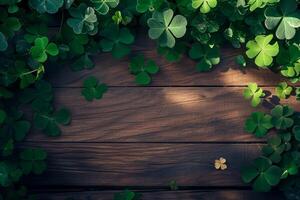 ai gerado trevo folhas em de madeira mesa. st. patrick's dia fundo. generativo ai foto