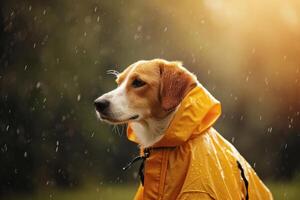 ai gerado cachorro dentro uma na moda capa de chuva. a conceito do carinhoso para animais de estimação. generativo ai foto