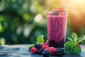 ai gerado misturado baga batido enfeitado com fresco fruta e hortelã. generativo ai foto