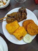 foto do satay carne, tempeh e tofu em uma branco placa. perfeito para revistas, jornais e tablóides