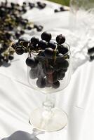 Eu amor a Veja do esses concórdia uvas todos por aí e alguns sentado dentro a vinho vidro. a profundo roxa cor do esses orbes todos em volta. a vidro lembra você do bebericando alguns fresco vinho. foto