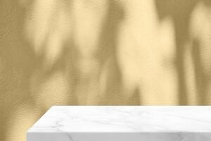 mínimo branco mármore mesa canto com sombra e rosa ouro luz viga em concreto parede fundo, adequado para produtos apresentação pano de fundo, mostrar, e zombar acima. foto