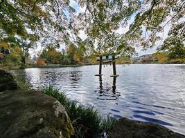 antigo torii às kinrin lago dentro outono. isto é uma famoso ponto de referência do yufuin dentro oita distrito, Japão. foto