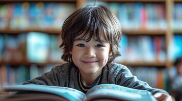 ai gerado feliz lindo criança lendo uma livro dentro escola biblioteca foto