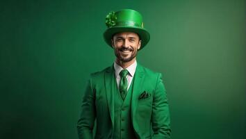 ai gerado à moda feliz homem dentro verde chapéu e verde roupas foto