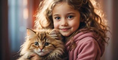 ai gerado pequeno menina com fofa gato às casa retrato foto