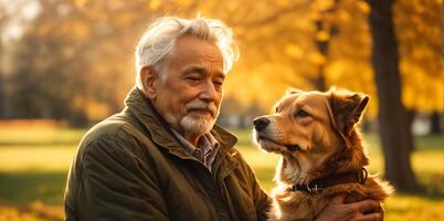 ai gerado retrato do a idosos homem com uma cachorro dentro natureza foto