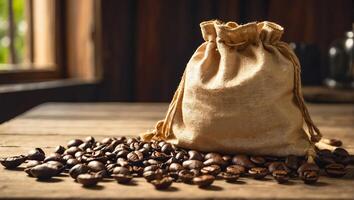 ai gerado saco do café feijões dentro a cozinha foto