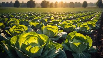 ai gerado camas com crescendo fresco repolho em uma Fazenda foto