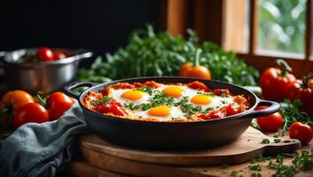 ai gerado delicioso apetitoso Shakshuka em a mesa foto