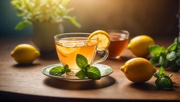 ai gerado quente chá com limão, hortelã dentro a cozinha foto