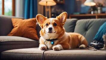 ai gerado fofa cachorro em a sofá com controlo remoto ao controle foto