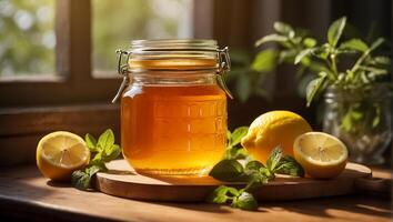 ai gerado vidro jarra com mel, limão em a mesa foto