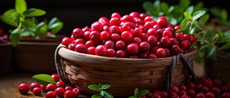 ai gerado rústico natureza-morta do cranberries dentro uma cesta em uma de madeira mesa. foto