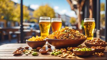 ai gerado óculos com luz cerveja, vários lanches em a mesa foto