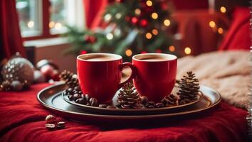 ai gerado lindo copos com café em uma bandeja, uma pinho cone, uma Natal árvore filial, dentro a quarto foto