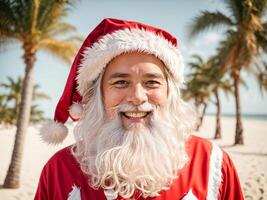 ai gerado santa claus em a de praia foto