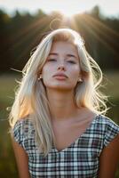 ai gerado retrato do uma jovem lindo menina com Loiras cabelo dentro verão dentro uma campo dentro a luz solar foto