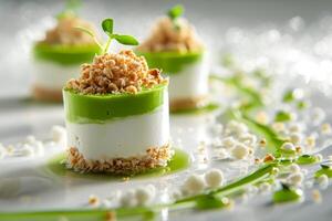 ai gerado ovelha iogurte e Pandan esponja bolo mousse com caramelizado salgado arroz foto