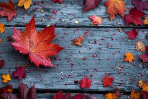 ai gerado outono vermelho folhas em uma azul de madeira fundo foto