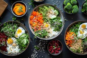 ai gerado pratos do uma vegano ou vegetariano restaurante com uma Visão a partir de acima, a sortimento do pratos do tradicional indiano cozinha em uma azul fundo foto