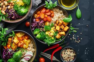 ai gerado pratos do uma vegano ou vegetariano restaurante com uma Visão a partir de acima, a sortimento do pratos do tradicional indiano cozinha em uma azul fundo foto