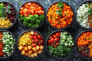 ai gerado pratos do uma vegano ou vegetariano restaurante com uma Visão a partir de acima, a sortimento do pratos do tradicional indiano cozinha em uma azul fundo foto